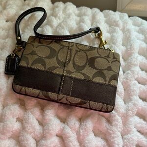 Coach Brown Signature Canvas Wristlet with Dark Brown Stripe